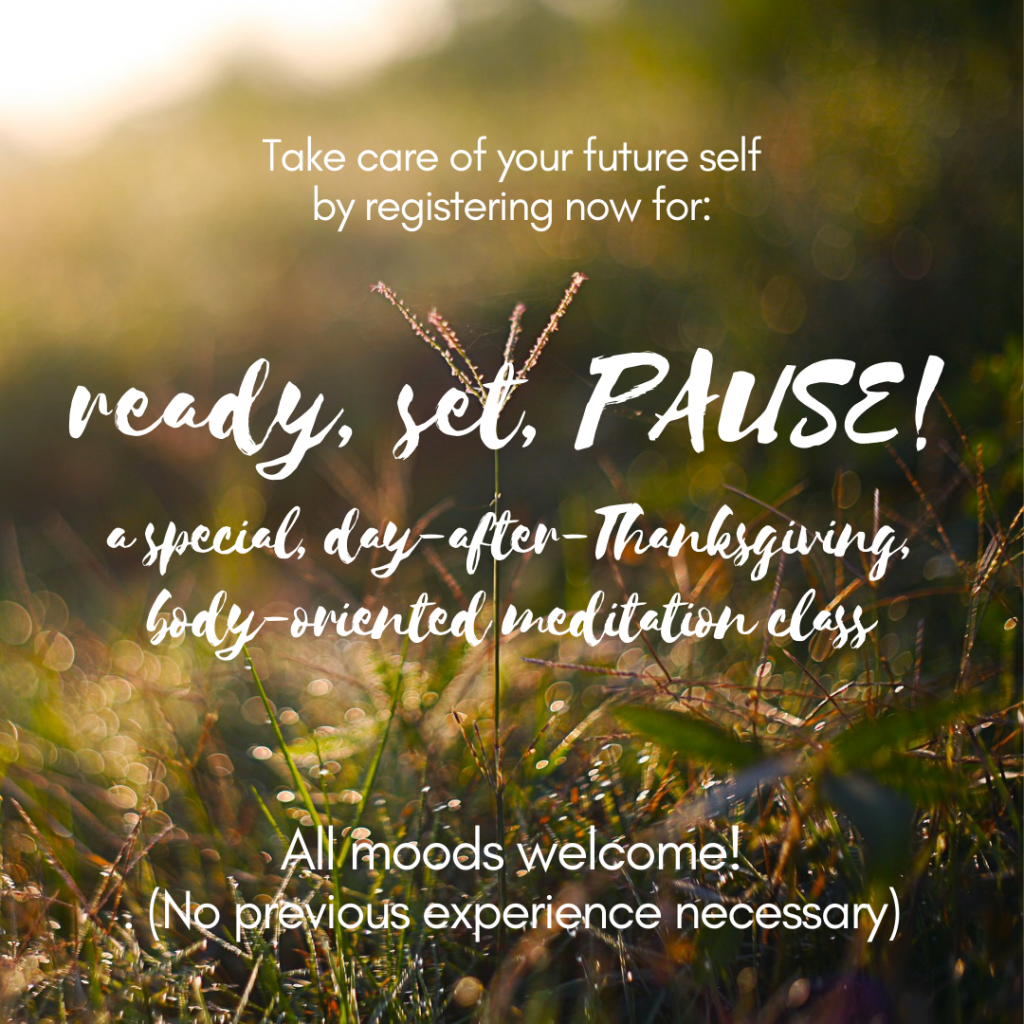 An invitation to register for Ready Set Pause, a body-oriented meditation class on Friday, Nov. 26 at 12 pm Eastern US/Canada time